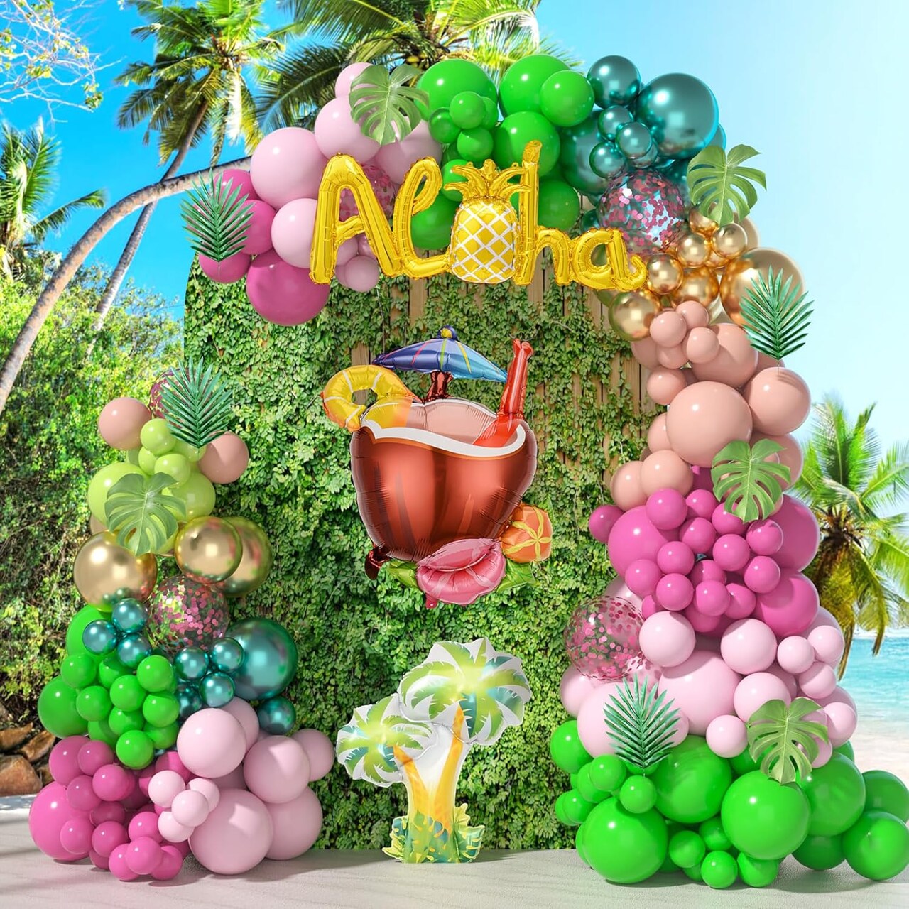 Tropical Luau Balloons Arch Garland Kit Party Decorations With Palm Leaves, coconut tree, Coconut, Aloha Foil Balloon, Coconut Balloons Set for Hawaiian Parties (Aloha-A)